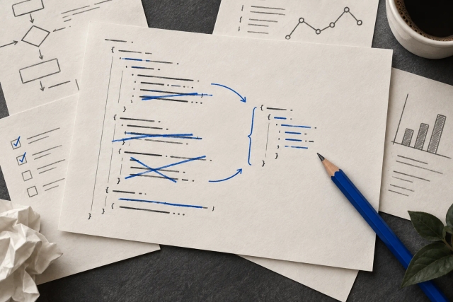 Folhas com código abstrato riscadas e marcações azuis de revisão