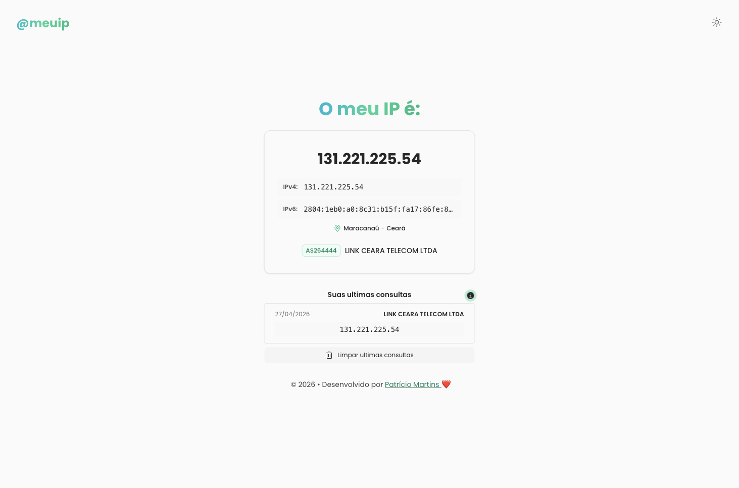 Interface do projeto Meu IP
